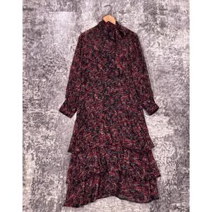 Amour Vert Dress Medium Womens Black Red Floral Chiffon Tiered Tie Neck Midi